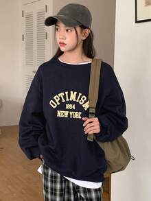 DAZY Sudadera casual holgada de cuello redondo, manga larga y hombros caídos con estampado de letras para adolescentes - Azul Marino - Ver 2