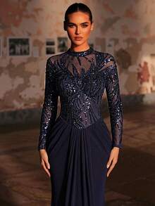 Glamrae Elegant Navy Blue Luxurious 3D Beaded & Sequin Embroidered Asymmetrical Neck Sheer Long Sleeve Ruched Fishtail Formal Gown, Suitable For All Formal Occasions - Navy Blue - View 9