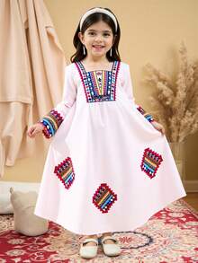 SHEIN Vestido de manga larga con estampado geométrico para niña - Blanco - Ver 2