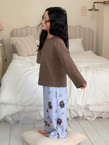 DAZY 2件套女童圆领长袖针织上衣和裤子家居服套装 - 棕色 - 查看 5