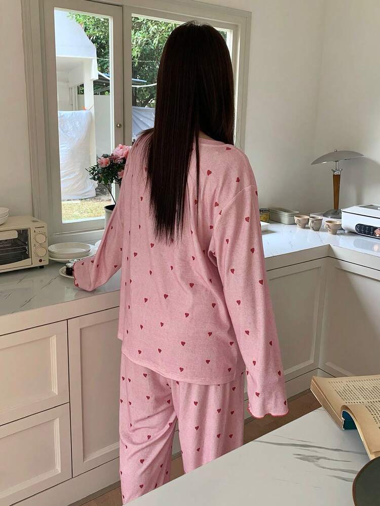 Dazy Plus Plus Size Women Heart & Floral Print Loose Long Sleeve Top And Pants Pajama Set, Pink, Spring/Autumn