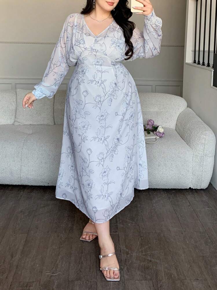 Dazy Plus Plus Size Women's Ditsy Floral V-Neck Lantern Sleeve Waist Cinched Maxi Dress, Elegant Vacation Style, Spring/Summer Sundress