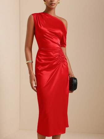 SHEIN Veneréa Women's Red Satin Midi Asymmetric Shoulder Dress