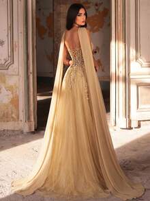 Glamrae Đầm maxi trễ vai tay dài, sang trọng, đính ngọc trai và sequin, phối họa tiết hoa, chất liệu lưới tương phản, dáng xòe rộng, thích hợp cho đám cưới, tiệc tùng, kỳ nghỉ, dạ hội và các dịp trang trọng (được trang trí cầu kỳ). - Rượu sâm banh - Xem 3