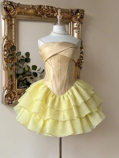 Lovelzi Elegant Yellow Detachable Strap Eyelet Decor Romantic Bowknot Bandeau Boned Cropped Multilayer Tiered Skirt, Adjustable Size Tie, Suitable For Dates, Vacations, Singles Parties, Weddings, Back To School Events, Women's Formal Gown