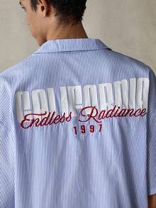 SWAVVY 男士字母刺绣条纹印花休闲短袖衬衫 - 淺藍色 - 查看 6