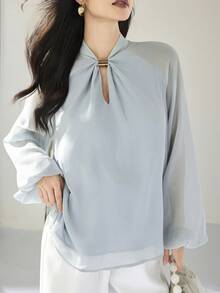 Heiryn Women's Stand Collar Metal Linked Hollow Pleated Casual Versatile Commuting Lantern Sleeve Blouse - Dusty Pink - View 1