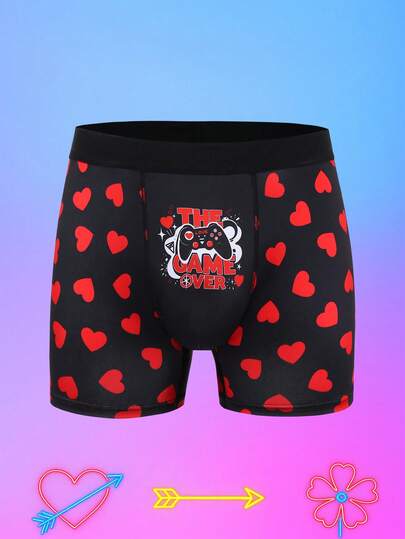 Valentine's Day Funny Print Heart & Game Controller Mid-Rise Boxer Briefs