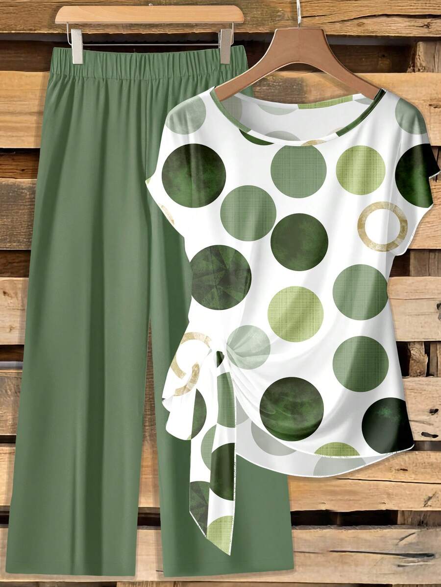 SHEIN Clasi 2pcs/Set Women's Casual Polka Dot Print Tie Front Blouse And Loose Straight Leg Pants, Suitable For Spring/Summer Vacation Carnival Blouse And Pants Set Green Set Women - Multicolor - View 1