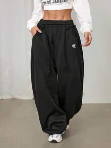 SHEIN PETITE 女士秋冬街头风返校学院风休闲保暖舒适法式黑色弹力腰带弧形裤脚长裤，黑色长裤 - 黑色 - 查看 4