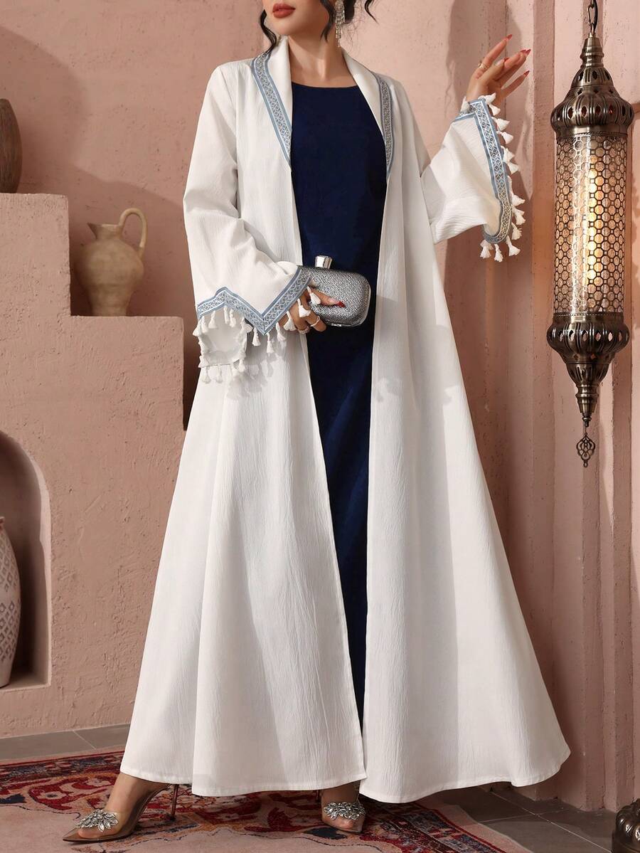 SHEIN Najma 女士白色领口撞色滚边长袖阿拉伯长袍 - 白色 - 查看 1