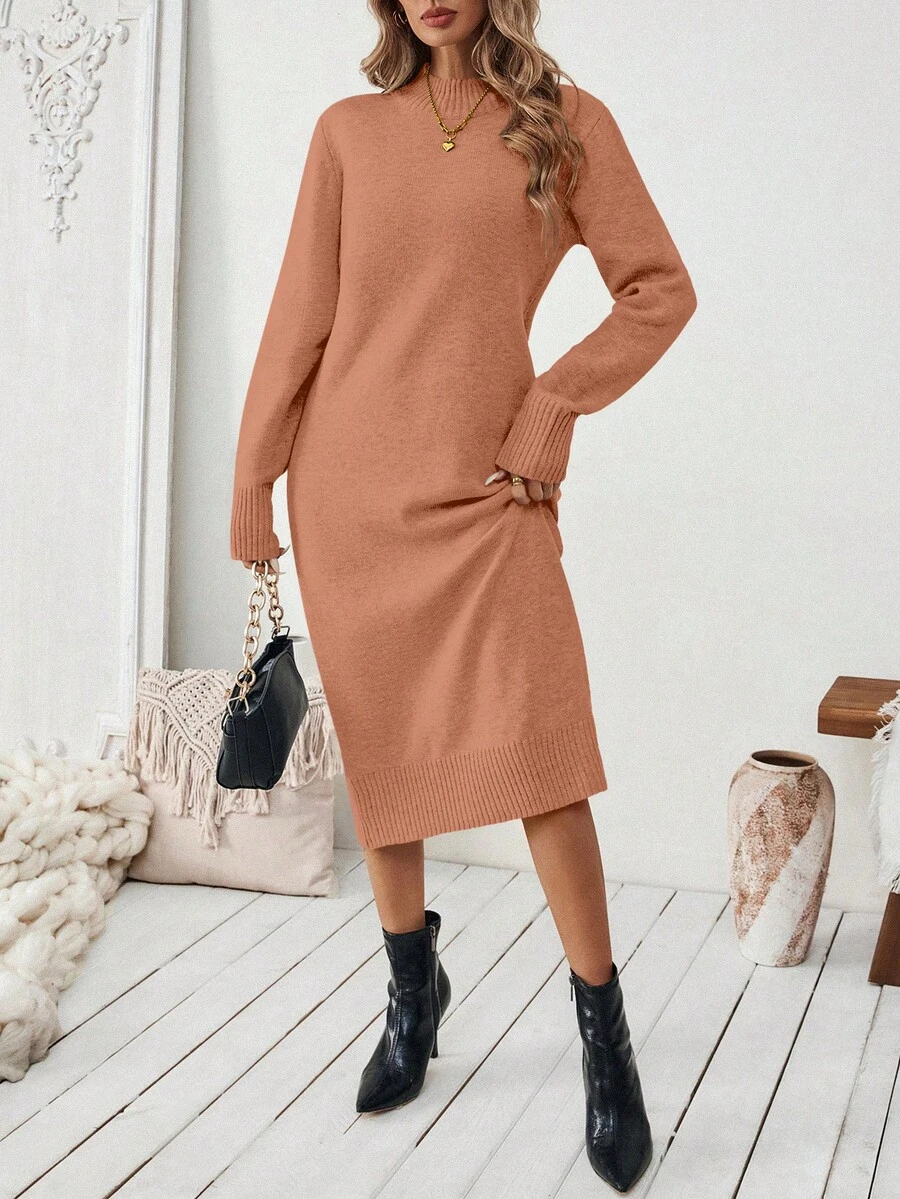 SHEIN LUNE Women's Pink Straight Simple Versatile Sweater Dress Autumn Dress Turtle Neck Dress Long Sleeve Midi Dress Casual Midi Dress - Pink - View 1