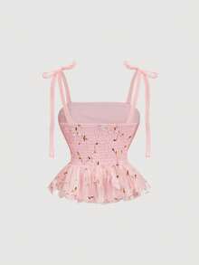 SHEIN MOD Áo kiểu lãng mạn in hoa màu hồng, thắt nơ, thích hợp cho ngày Valentine, kỷ niệm ngày cưới, hẹn hò, kiểu dễ thương, áo babydoll. - Hồng - Xem 2