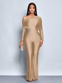 SOLERSUN Mono elegante de manga larga con cuello asimétrico para uso diario y tomar café para mujer - Albaricoque - Ver 5