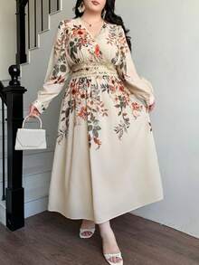 Dazy Plus Đầm maxi dáng chữ A cổ chữ V in hoa, thắt eo, kiểu dáng đi nghỉ mát, cỡ lớn, đầm mùa xuân/hè. - Màu be - Xem 8