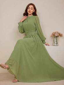 Graceveil Women's Design Sense Semi-High Collar Cinched Waist Flared Dress - Green - View 7