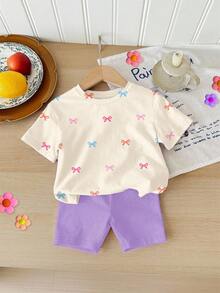 Setelan Kaos Lengan Pendek Leher Bulat Minimalis Kasual dan Celana Pendek Ketat untuk Bayi Perempuan dengan Motif Pita Mini Warna-warni yang Lucu, Cocok untuk Musim Semi/Panas - MultiWarna - View 3