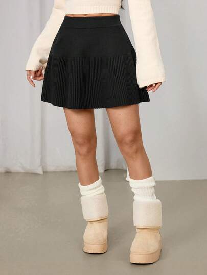 SHEIN PETITE Women's Solid Color Elastic Waist Casual Short Knit Black Skirt In Fall/Winter