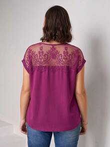 Chikora Plus Size Lace Patchwork Round Neck Solid Color Fashion Short Sleeve Shirt, Going Out Tops - Purple - View 2