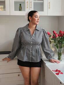 SHEIN MOD Plus Size Black & White Plaid Cinched Waist Collared Shirt, Suitable For Spring/Summer Outings, Casual Dates, And Work Commute.Sisters' Tea Party,Preppy Outfits
