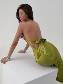 Aloruh 女士性感露背长裙，浪漫蝴蝶结挂脖美人鱼礼服，适合情人节约会、新年派对、休闲外出、下午茶等场合 - 綠色 - 查看 9