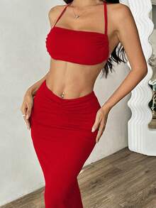 EgrlEra 1 Set Solid Color Halter Backless Top And Pleated Mini Skirt Sexy 2 Pieces Outfit