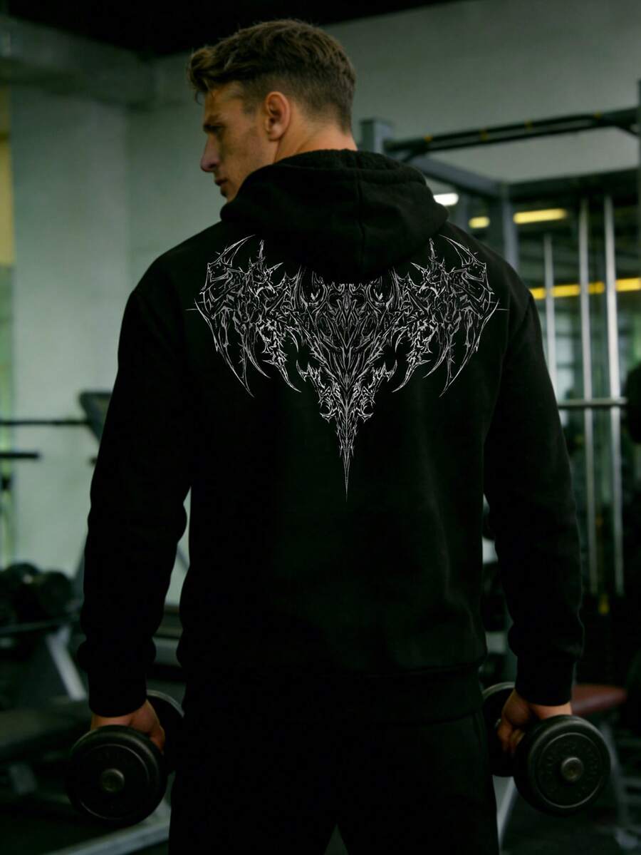 GymBeat Sudadera con capucha casual con cordón y estampado para hombres - Negro - Ver 1