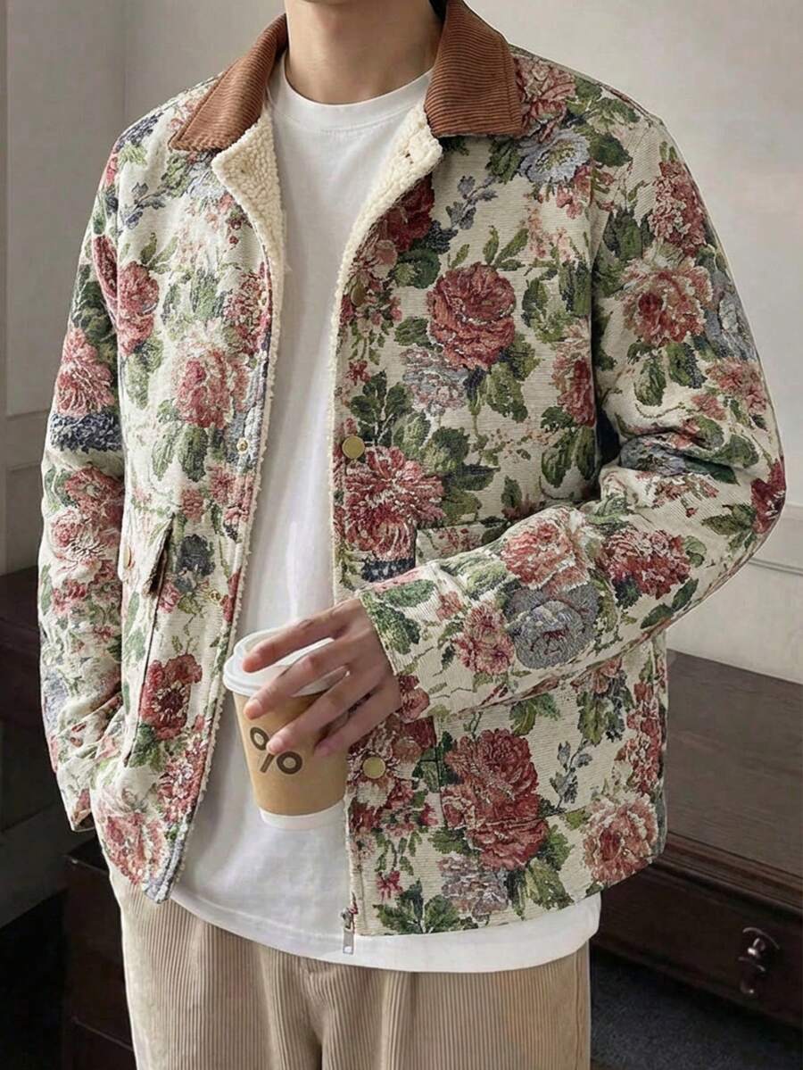 SWAVVY 男士时尚提花拼接抓绒长袖外套，秋冬季，抓绒 - 杏色 - 查看 1