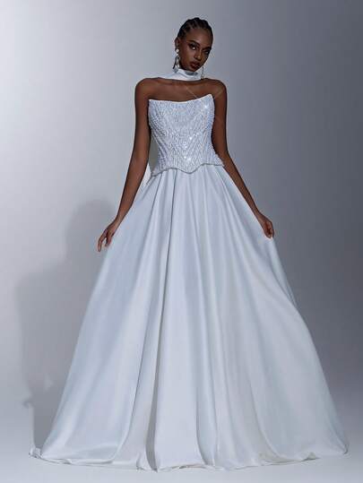 Elitara Elegante y lujoso vestido largo con lentejuelas y flores, sin tirantes, con tren desmontable y cuello halter, adecuado para bodas, eventos, fiestas y luna de miel