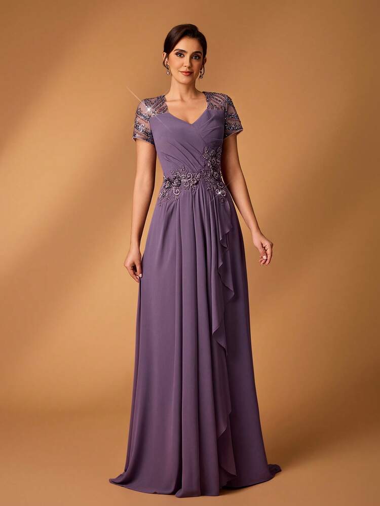 Serin Women's Elegant Gray-Pink Chiffon Fabric Round Neck Sheer Long Sleeve Ruched Sequin Applique Micro-Mermaid Hem Dress, Suitable For Mother Of The Bride Weddings, Events, Parties, Formal Occasions Purple Women Evening Dress Gala Dress Elegant Mother Of The Bridal Dress Evening Mother Of Groom Dress - Purple - View 4