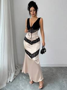 Elenzga 女士优雅时尚通勤休闲舒适迷人复古浪漫假日无袖V领修身鱼尾撞色缎面蕾丝连衣裙 - 香檳色 - 查看 3