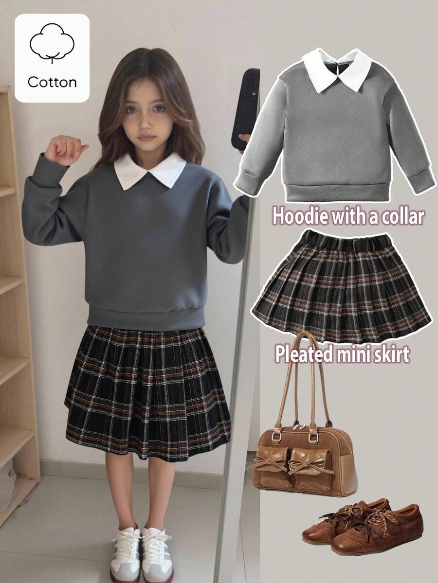 少女休闲时尚韩版套装，白色翻领纯色长袖卫衣搭配棕色百褶裙，两件套，适合秋冬季节、返校季穿着，甜美优雅的学院风休闲装，适合日常穿着、上学、拍照、聚会等场合。少女服装套装，校服，裙子和衬衫，适合青少年女孩。灰色校服，制服，秋冬季服装。 Bear 工装连帽衫，翻领，裙子和衬衫套装。 - 灰色 - 查看 1