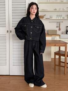 DAZY Teen Girl Casual Front Button Denim Jacket And Jeans Set, Autumn - Dark Wash - View 3