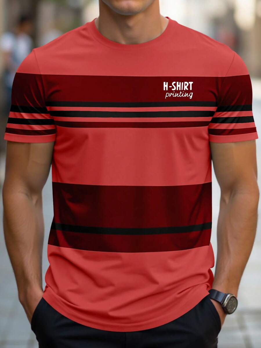 Manfinity Homme Áo thun nam tay ngắn cổ tròn in chữ và sọc, kiểu dáng thường ngày, đa năng. - Nhiều màu - Xem 1