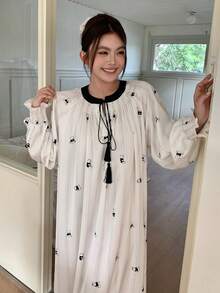 Dazy Plus Cartoon Print Loose Contrast Color Patchwork Drawstring Collar Long Sleeve Plus Size Women Nightgown Pajamas - Apricot - View 7