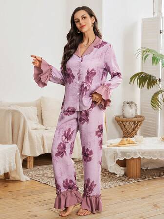 SHEIN 撞色荷叶边领泡泡雪纺印花女士睡衣套装