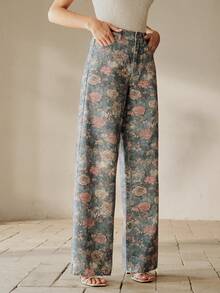 Anewsta Women's Casual Rose Print Distressed Straight Leg Jeans - Blue - View 4