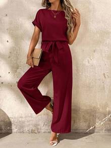 SHEIN Clasi Vacation Floral Trim Solid Color Round Neck Casual Short Sleeve Jumpsuit - Burgundy - View 8
