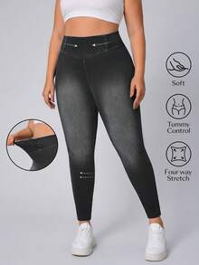 Flexra Plus Size Plain Color Block Casual Stretchy Knit Jeans - Grey - View 1