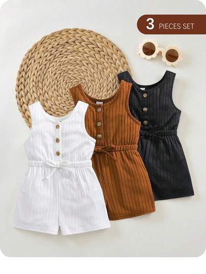 3 Piece Set: Baby Girl Casual Solid Color Knitted Camisole & Shorts Outfit