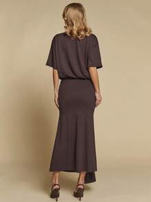 COSMINA 女士优雅收腰褶皱短袖中长连衣裙，配有系带，通勤和日常穿着皆宜，四季皆可 - 棕色 - 查看 2
