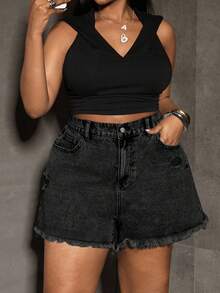 SHEIN PETITE CURVE Pantalones cortos vaqueros casuales y sueltos con bolsillos y dobladillo deshilachado para mujer de talla grande - Negro - Ver 7