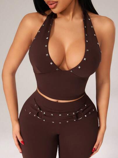 Radiana Women's Sexy Casual Street Coffee Brown Metal Rivet Decor 2-Piece Set, Cropped Backless Halter Top And Fitted Flare Pants, Vintage Street Fashion Casual Outfit, Suitable For Daily Casual Outings, Shopping, Gatherings, Parties, Nightlife, Clubs, Festivals