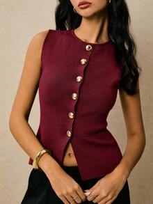 Poéselle Elegant Burgundy Women's Sweater Vest,Autumn Office Plain Knitwear Round Neck Casual Sleeveless Button-Front Top,Regular Length Maroon Tops For Women - Burgundy - View 5