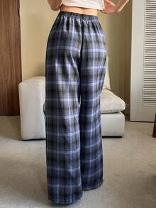 Livesso 女士休闲日常弹力腰格子家居裤 - 藍色 - 查看 2