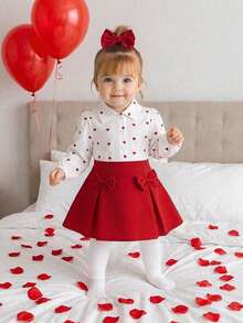 SHEIN 2pcs Baby Girls Unisex Infant Toddler 0-3 Years Spring/Autumn White Long Sleeve Heart Print Accent Cardigan Paired With Red Bow Accent Skirt Set, Suitable For Outings, Home Photoshoot, Gatherings With Friends/Family, Birthday Parties,Baby Girls Clothes,Girls Outfit Sets,Valentine'S Day Outfit,Red Heart-Patterned Suit, Heart-Patterned Shirt, Bright Red Skirt,Toddler  Girls Outfit Sets,Baby Girl'S White Heart-Shaped Shirt