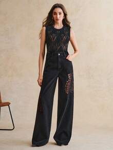 Anewsta Women's Fashionable, Luxurious, Sexy Side Cutout Embroidered Romantic Party Vacation Black Straight Leg Jeans, Spring/Summer - Black - View 5