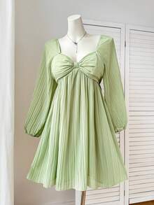 Comfortcana Plus Size Casual Pleated Long Sleeve Dress, Autumn/Winter - Green - View 6