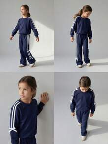 Casuvi Kids Casuvi 女童两件套：粉色针织套头卫衣和阔腿裤，蝴蝶结装饰，侧边撞色滚边，休闲可爱的美式风格，适合春秋季日常穿着、运动和度假。 - 藏蓝色 - 查看 4