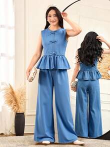 SHEIN 2Pcs Teen Girls Fashion Casual Y2k Vintage Cool Street Two Pieces Set Of Comfortable Blue Denim Sleeveless Vest With Ruffled Edges And Comfortable Loose Elastic Waistband Jeans For Kids Clothes Teen Girls Dailywear And Kids Spring And Summer Rave Outfits Festival And Outfits Streetwear Clothes - Blue - View 8